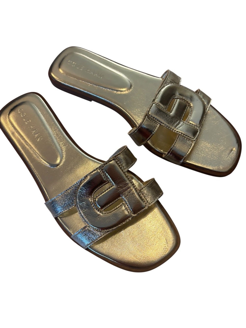 Cole Haan Metallic Gold Slide Sandals with Signature Logo